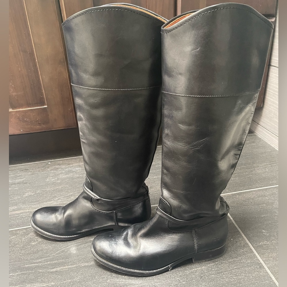 FRYE Women Melissa Belted Knee High Tall Riding Black Leather Boots US 7 campus - Picture 3 of 7